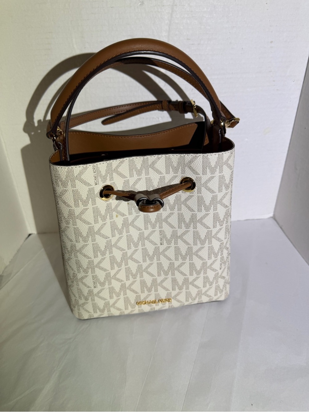 Michael Kors Cream Signature MK Logo Crossbody with Brown Trim